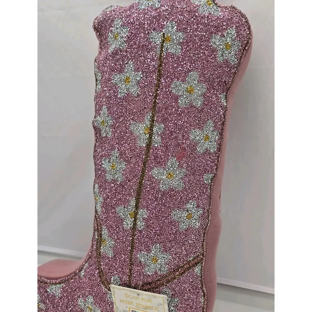 Sparkles Home Luminous Pink Flower Cowgirl Boot Rhinestone Shaped Throw Pillow